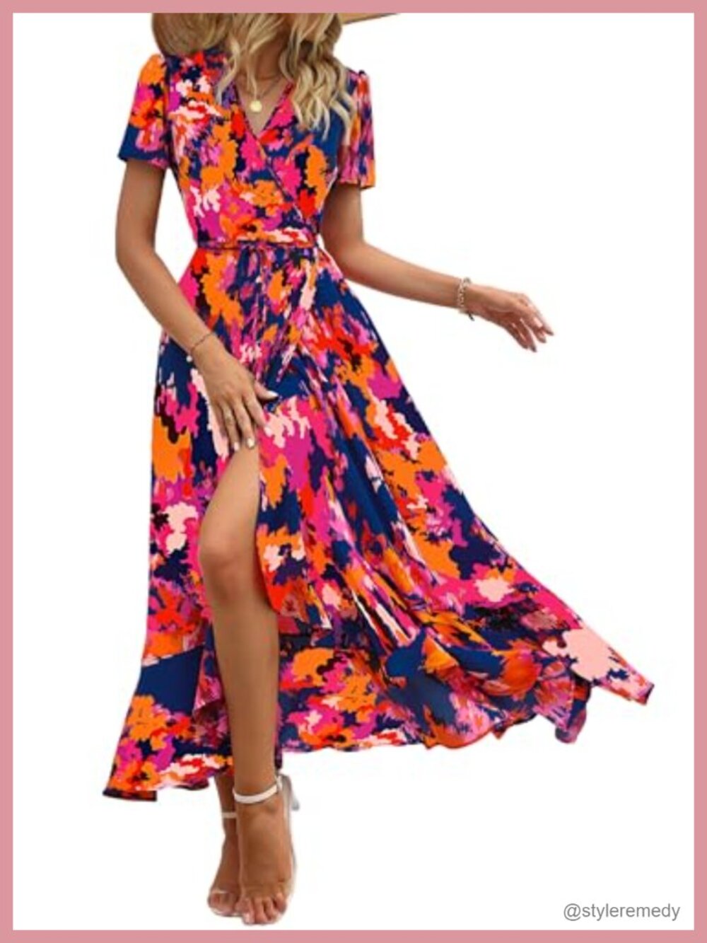 Women's Boho Floral V-Neck Short Sleeve Maxi Dress Ruffle Split
